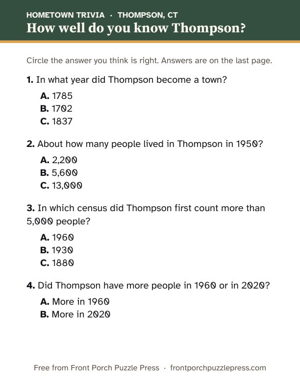 First page of the Thompson hometown trivia kit