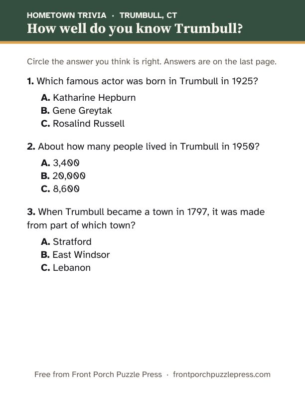 First page of the Trumbull hometown trivia kit
