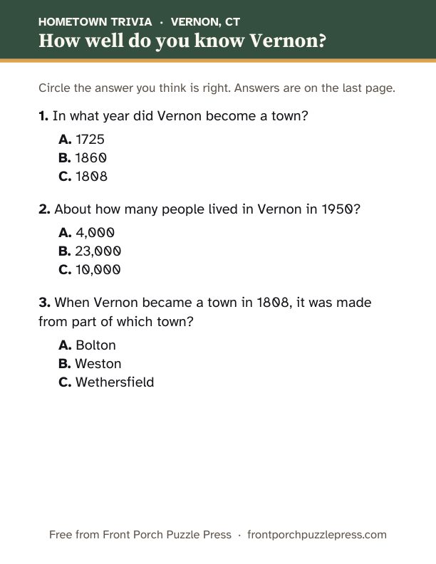 First page of the Vernon hometown trivia kit