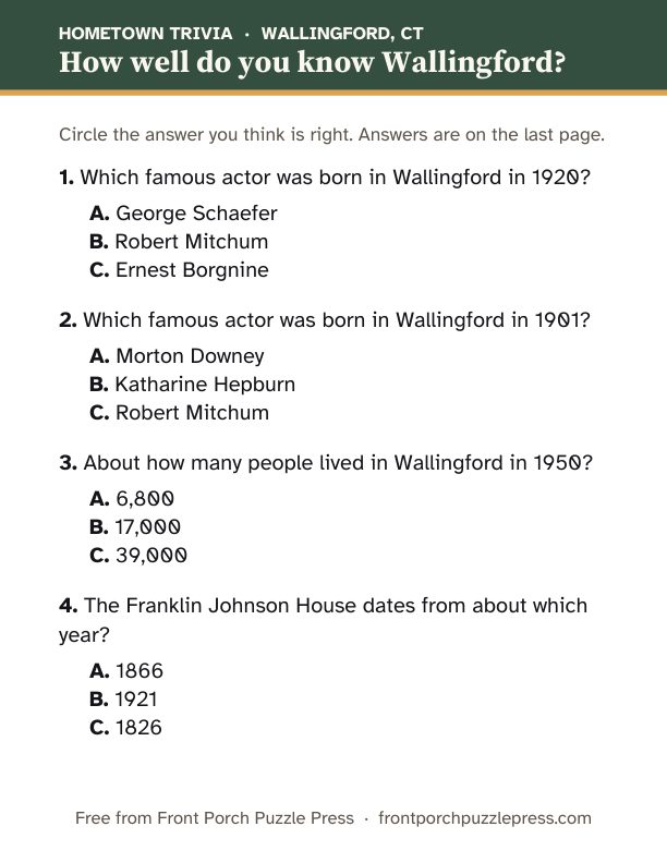 First page of the Wallingford hometown trivia kit