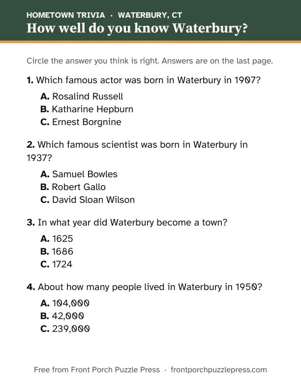 First page of the Waterbury hometown trivia kit