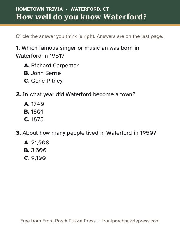 First page of the Waterford hometown trivia kit