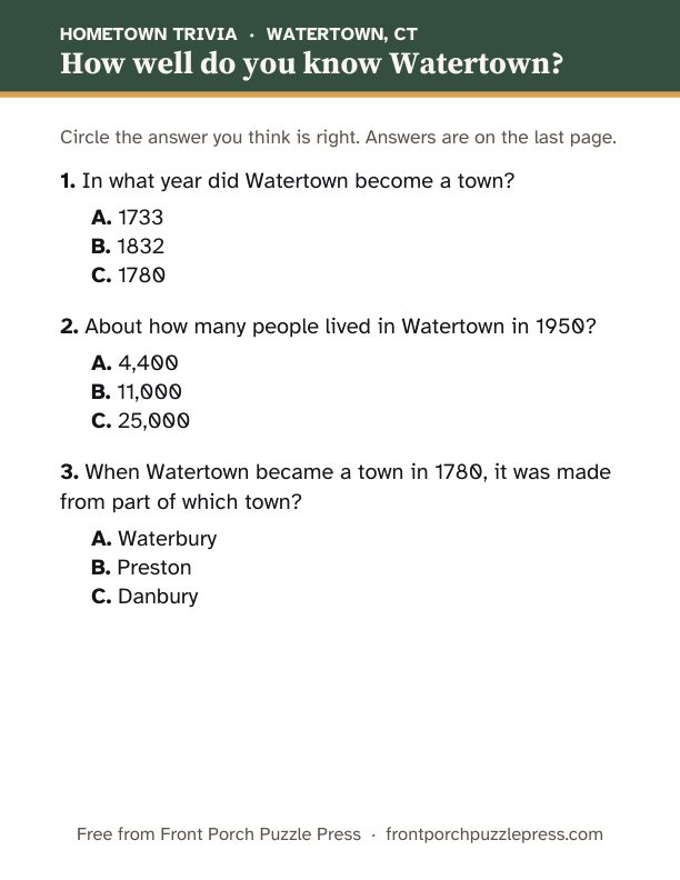 First page of the Watertown hometown trivia kit