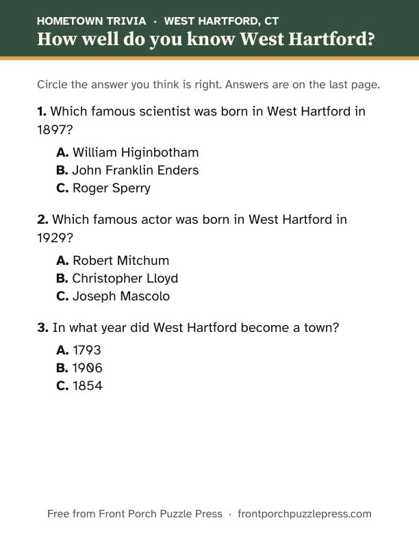 First page of the West Hartford hometown trivia kit