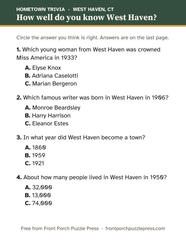 First page of the West Haven hometown trivia kit