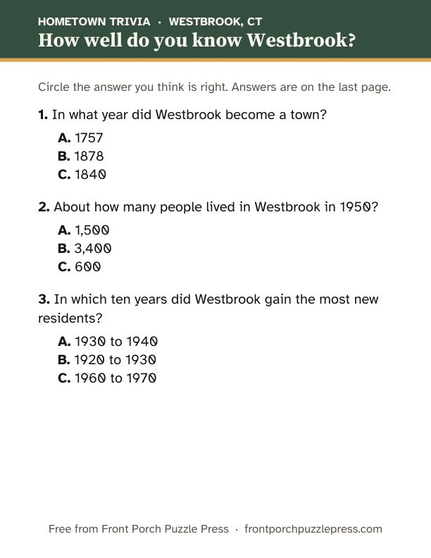 First page of the Westbrook hometown trivia kit