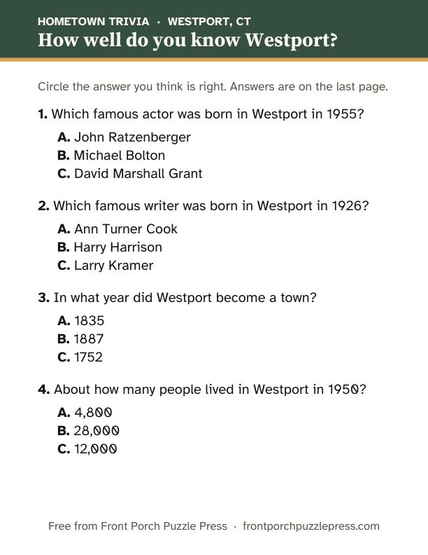 First page of the Westport hometown trivia kit