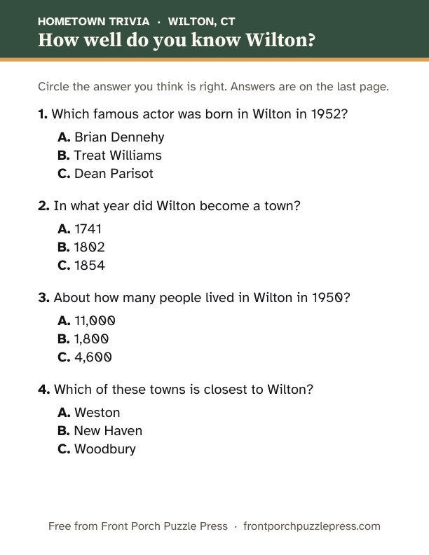 First page of the Wilton hometown trivia kit