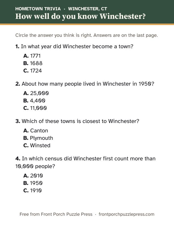 First page of the Winchester hometown trivia kit