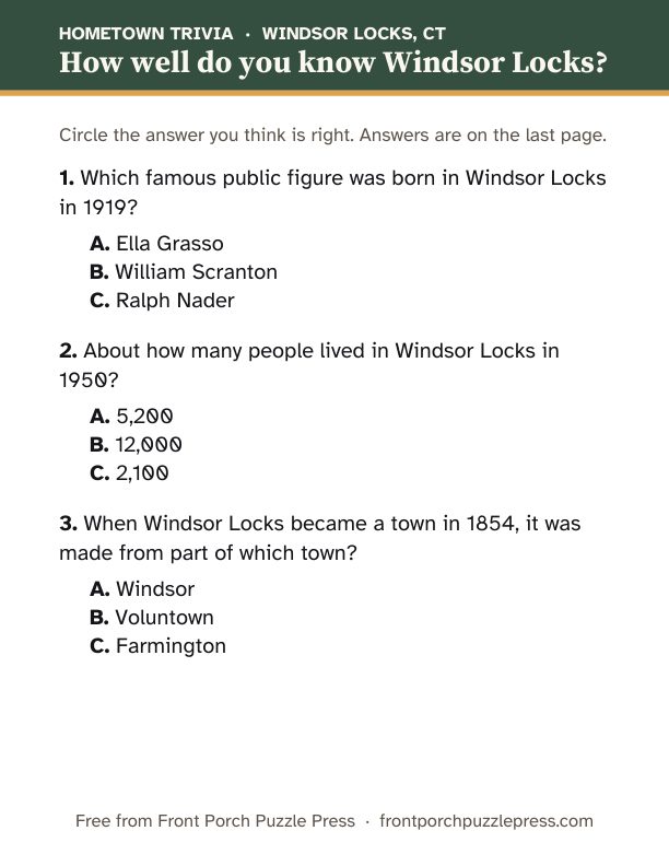 First page of the Windsor Locks hometown trivia kit