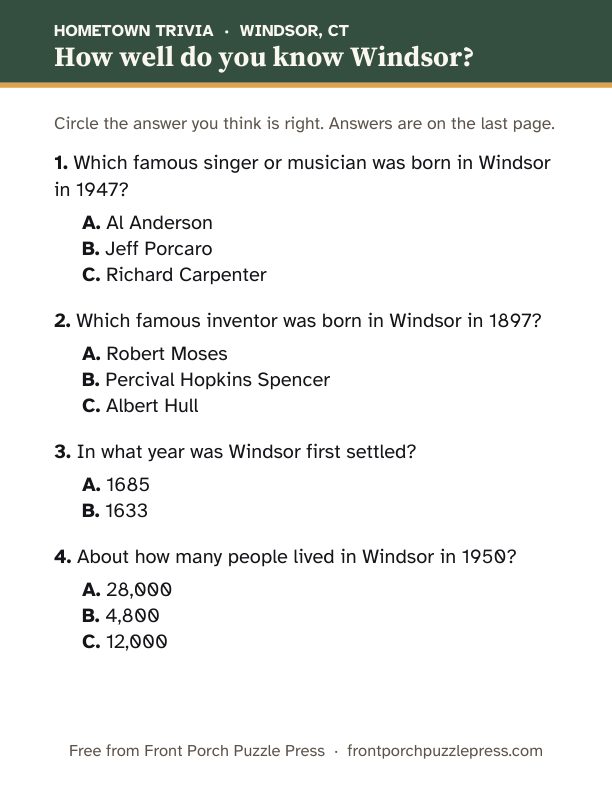 First page of the Windsor hometown trivia kit