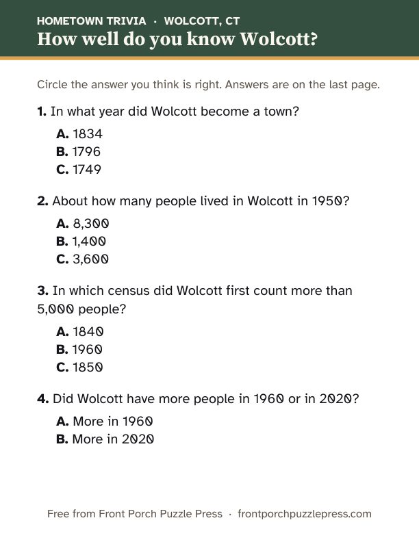 First page of the Wolcott hometown trivia kit