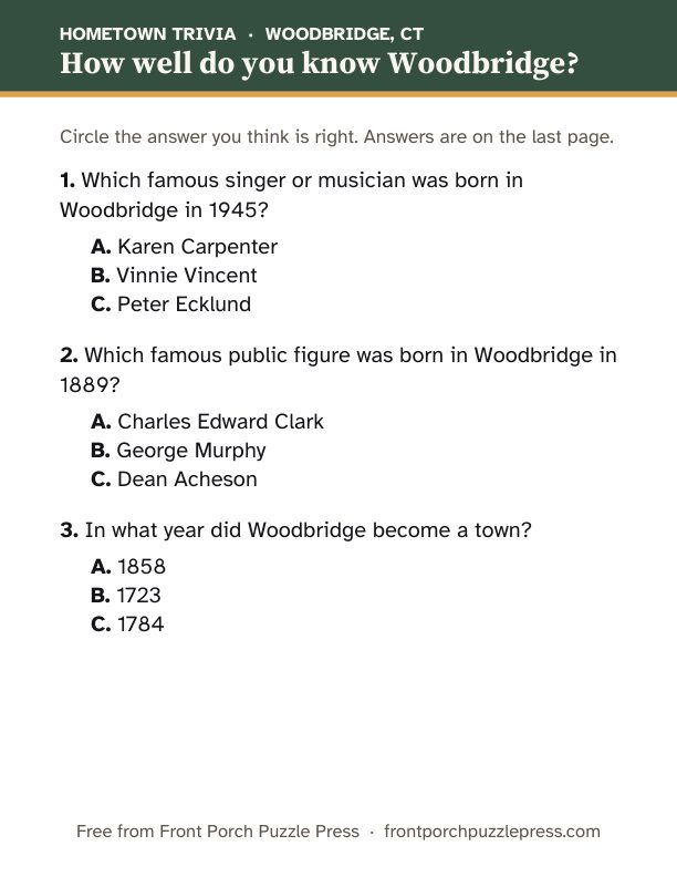 First page of the Woodbridge hometown trivia kit