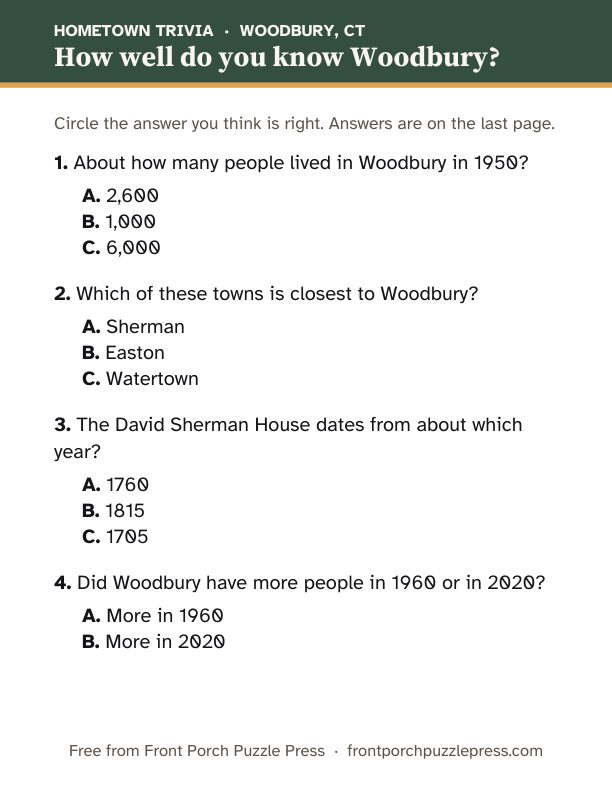 First page of the Woodbury hometown trivia kit