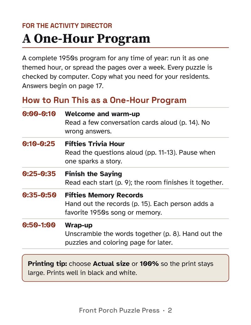 1950s Memories Activity Packet for Seniors: Large Print Printable for Assisted Living and Memory Care: P02