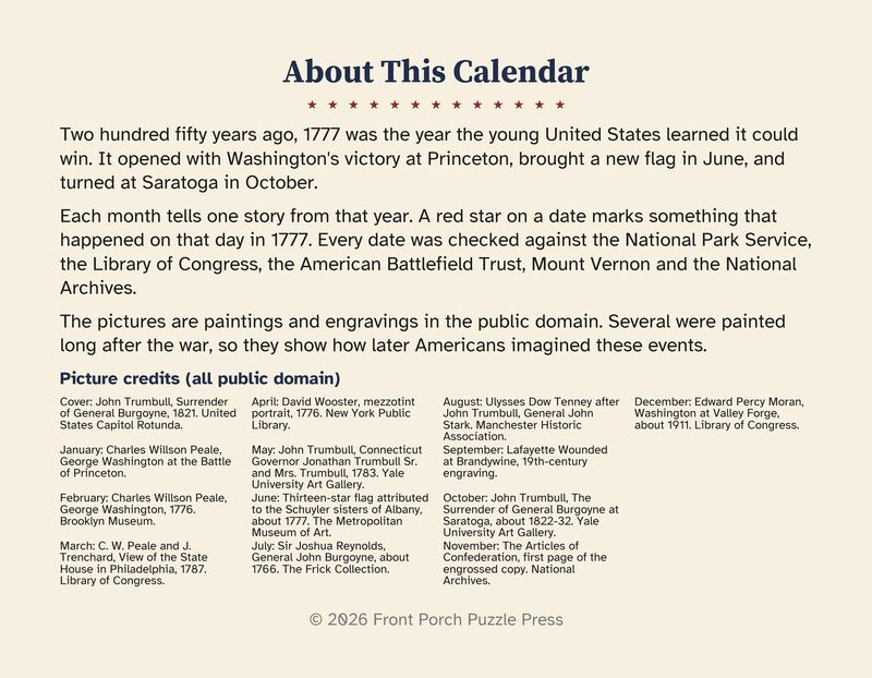 250 Years Ago 2027 Wall Calendar: The American Revolution in 1777, Large Print: About and credits