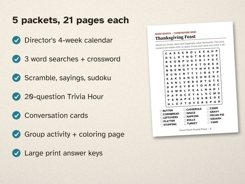 Monthly Activity Packets for Seniors: 5-Month Large Print Bundle, November to March: Inside