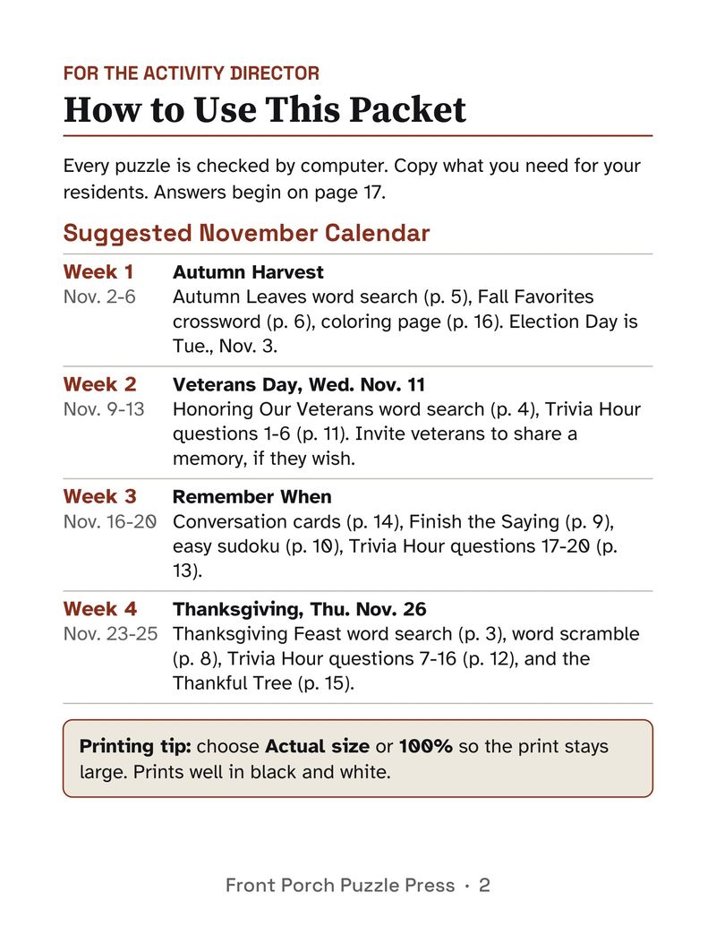 Monthly Activity Packets for Seniors: 5-Month Large Print Bundle, November to March: 2026 11 calendar