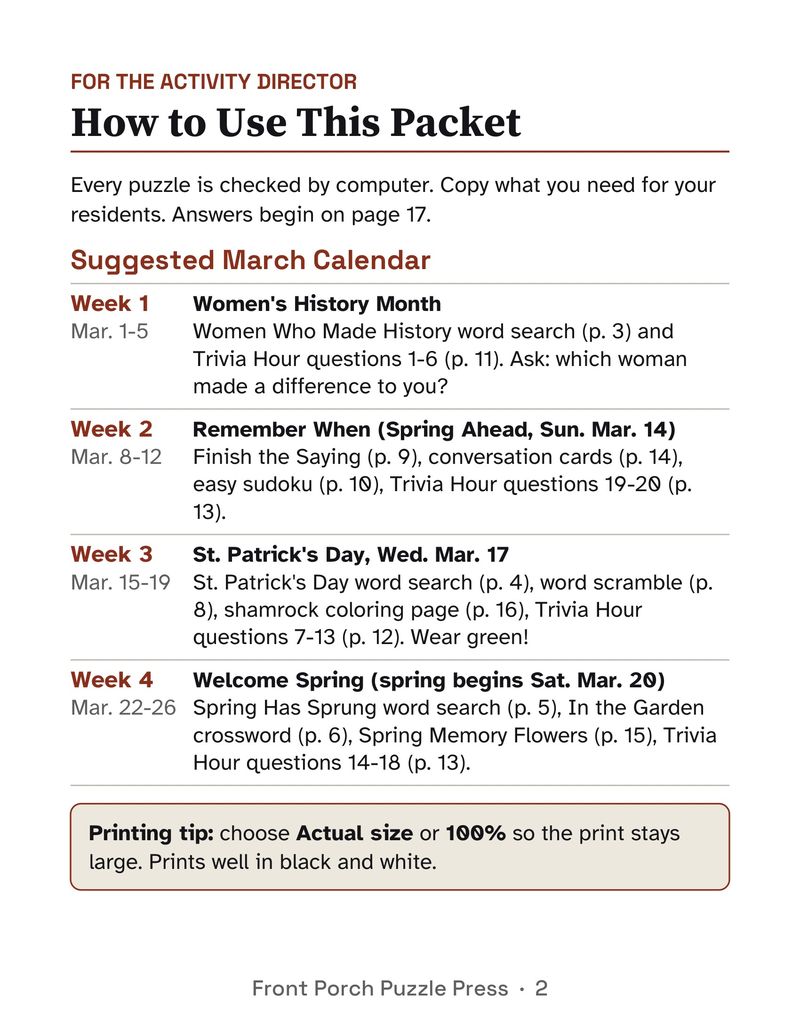 Monthly Activity Packets for Seniors: 5-Month Large Print Bundle, November to March: 2027 03 calendar