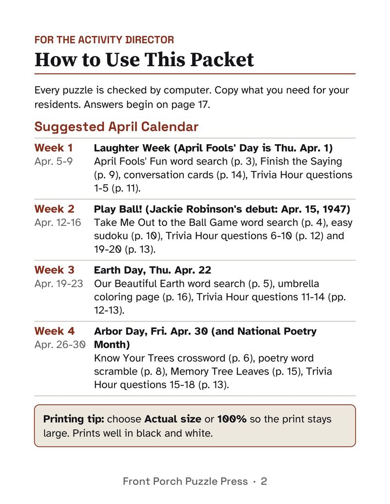 April Activities for Seniors: April 2027 Large Print Activity Packet (Printable): P02