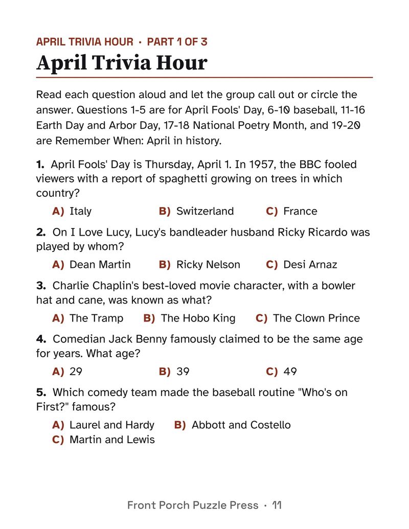 April Activities for Seniors: April 2027 Large Print Activity Packet (Printable): P11