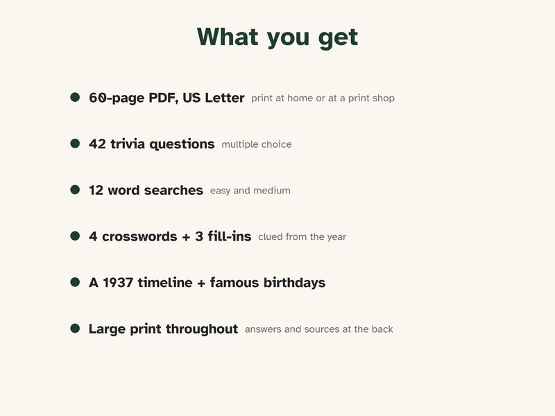 Born in 1937 Puzzle Book: 90th Birthday Gift, Large Print Trivia: What you get