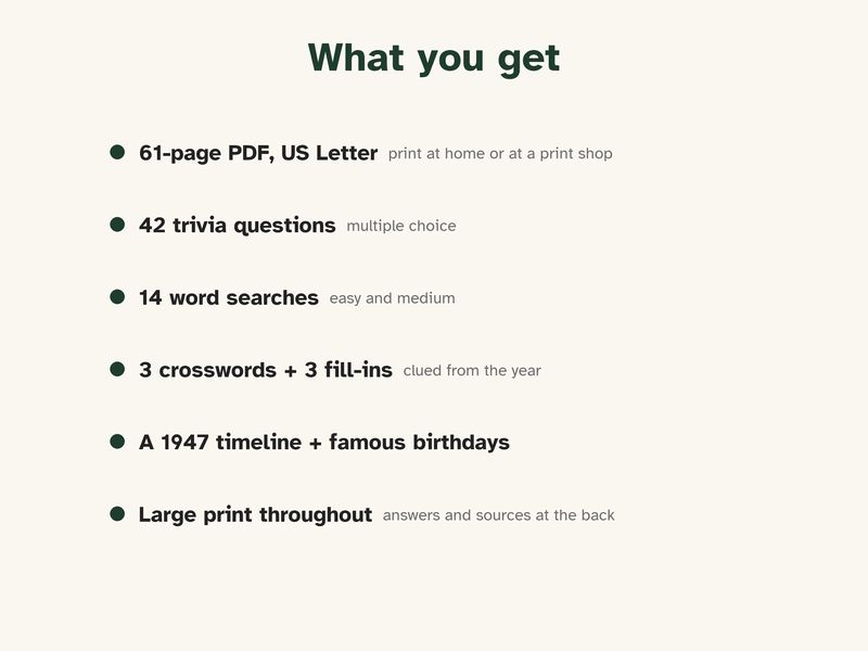Born in 1947 Puzzle Book: 80th Birthday Gift, Large Print Trivia: What you get
