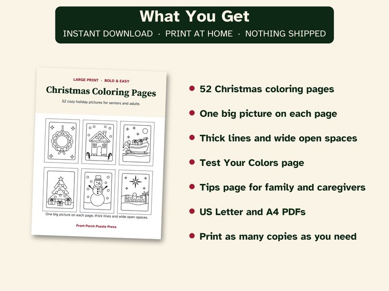 Christmas Coloring Pages for Seniors: Large Print Bold and Easy Printable: What you get