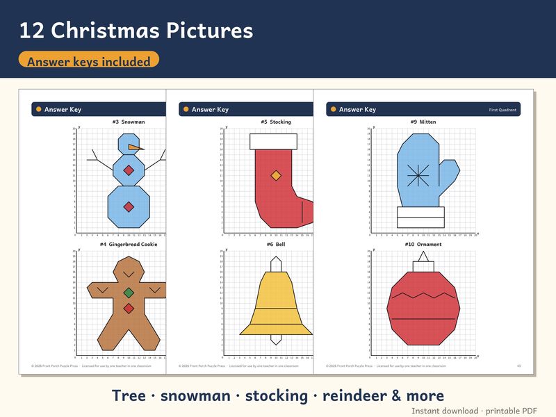 Christmas Coordinate Graphing Mystery Pictures: Grades 3-8 Math Worksheets: Keys