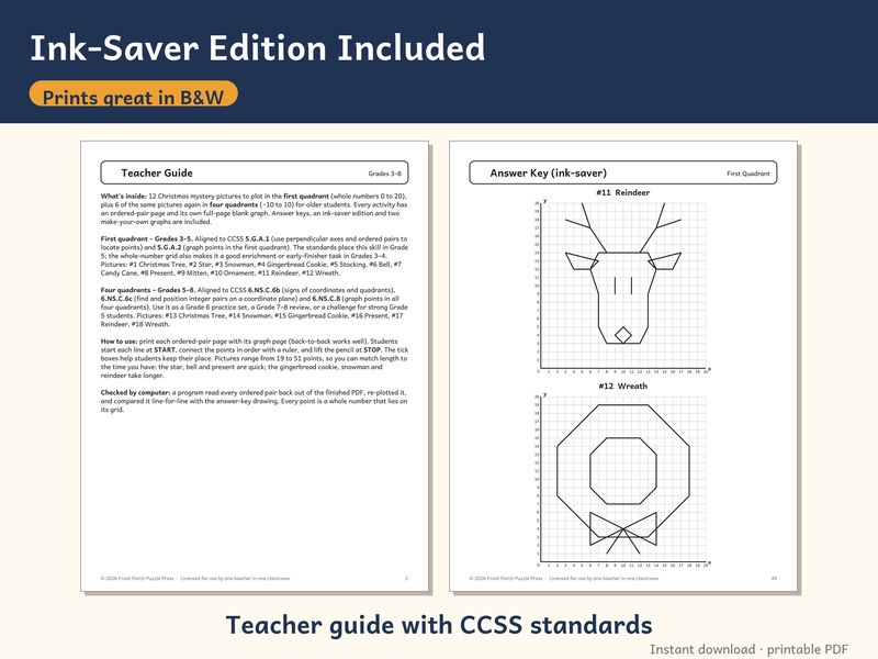 Christmas Coordinate Graphing Mystery Pictures: Grades 3-8 Math Worksheets: Ink saver