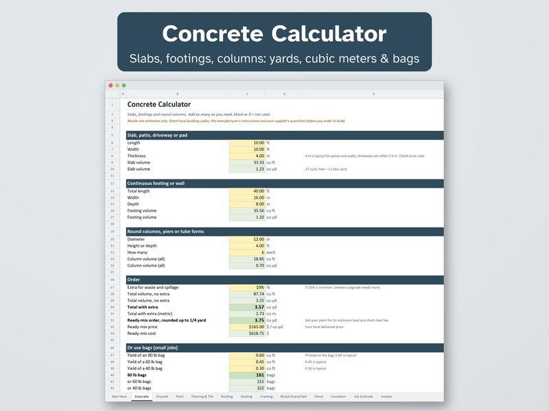 Contractor Calculator Pack: Construction Estimate & Invoice Spreadsheet for Excel: Concrete