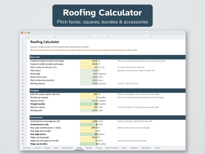 Contractor Calculator Pack: Construction Estimate & Invoice Spreadsheet for Excel: Roofing