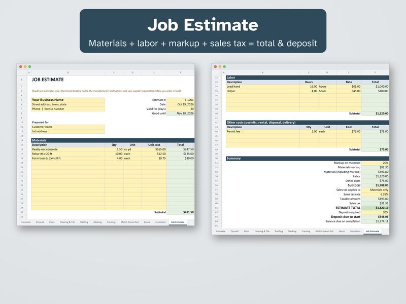 Contractor Calculator Pack: Construction Estimate & Invoice Spreadsheet for Excel: Job estimate