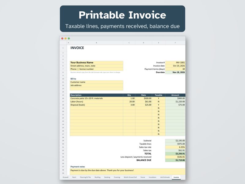 Contractor Calculator Pack: Construction Estimate & Invoice Spreadsheet for Excel: Invoice