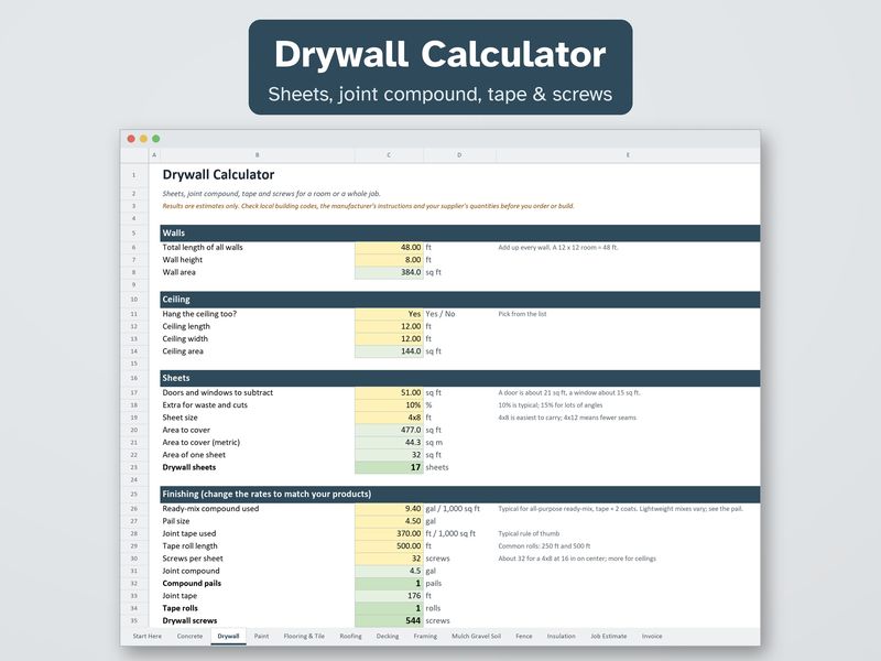 Contractor Calculator Pack: Construction Estimate & Invoice Spreadsheet for Excel: Drywall