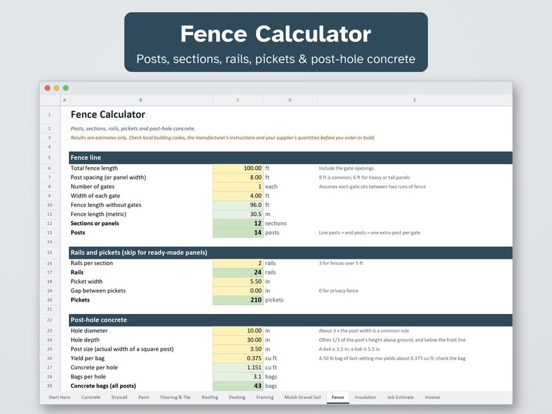 Contractor Calculator Pack: Construction Estimate & Invoice Spreadsheet for Excel: Fence