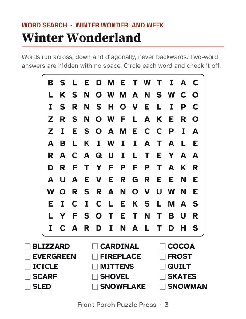 December Activities for Seniors: December 2026 Large Print Activity Packet (Printable): P03