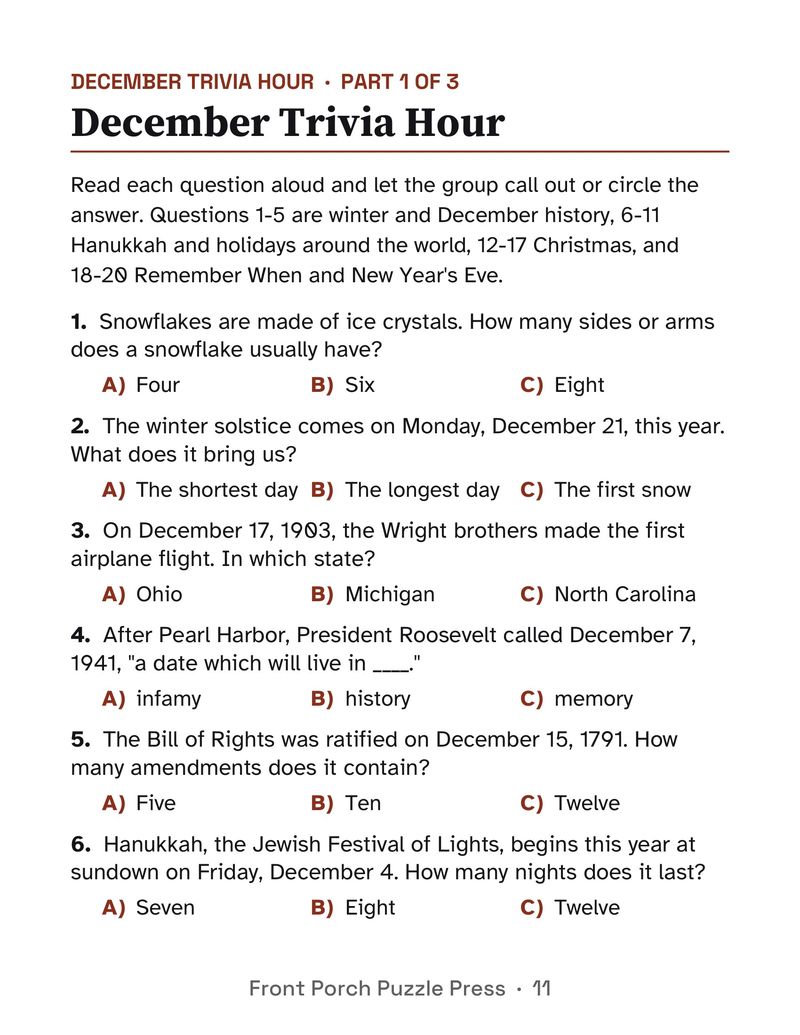 December Activities for Seniors: December 2026 Large Print Activity Packet (Printable): P11