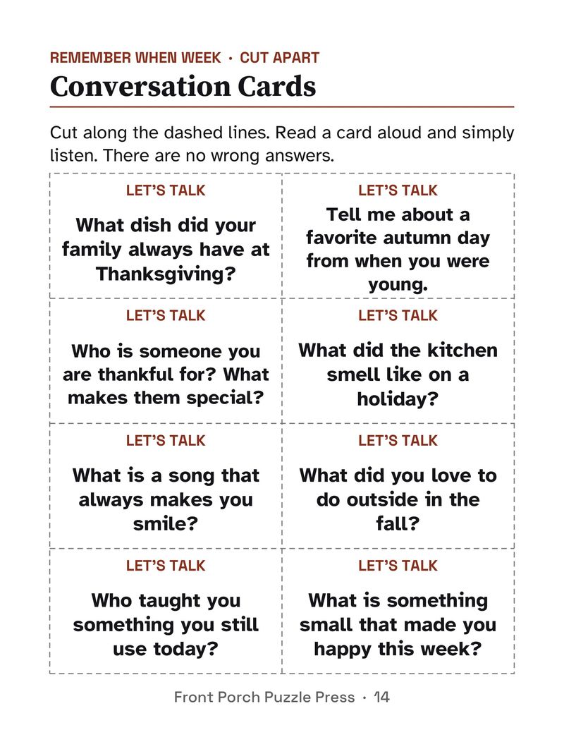 Easy November Activities for Memory Care: Extra Large Print Dementia Activity Packet: P14