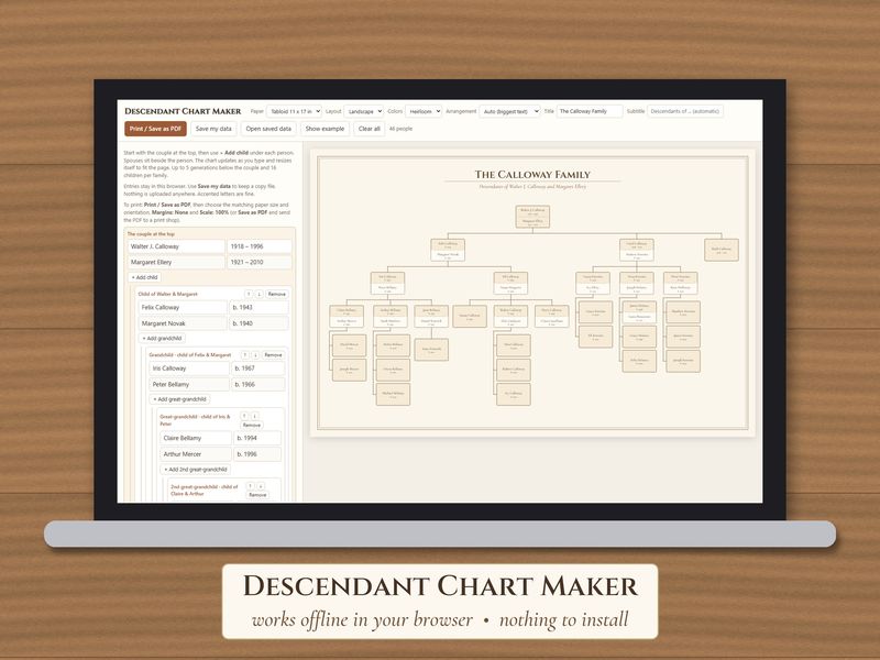 Editable Descendant Chart: Family Tree Maker and Fillable Blank Charts: Descendant chart maker