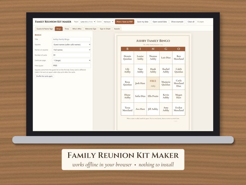 Family Reunion Games Kit: Editable Name Bingo, Trivia, Name Tags and Signs: Kit maker