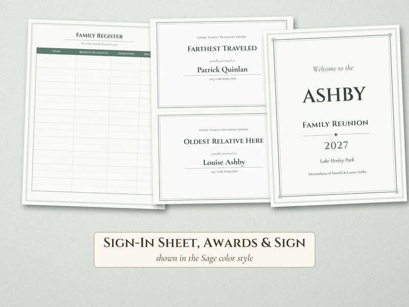 Family Reunion Games Kit: Editable Name Bingo, Trivia, Name Tags and Signs: Signin awards sign