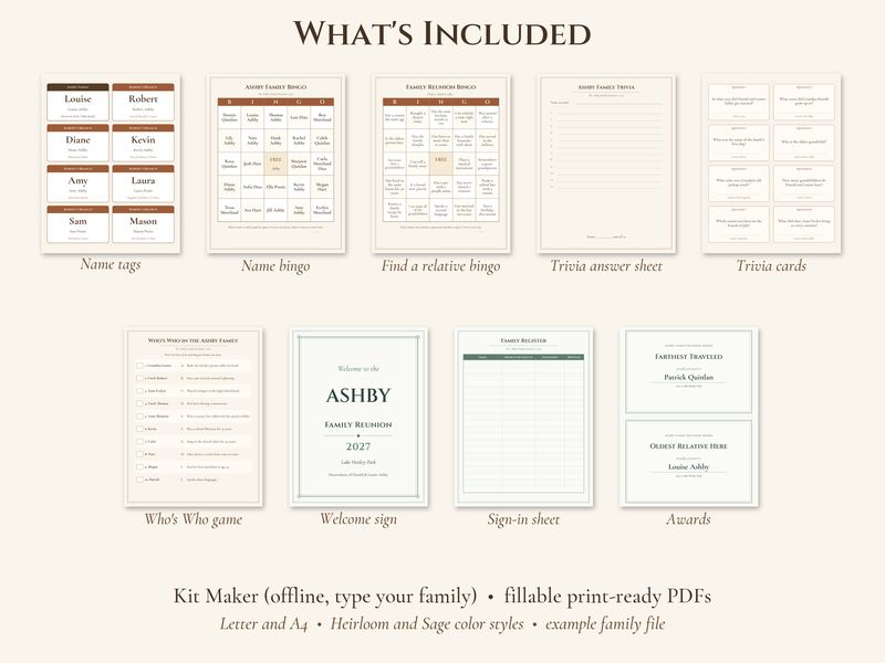 Family Reunion Games Kit: Editable Name Bingo, Trivia, Name Tags and Signs: What's included
