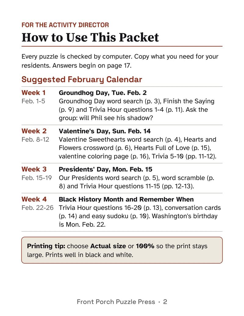 February Activities for Seniors: February 2027 Large Print Activity Packet (Printable): P02
