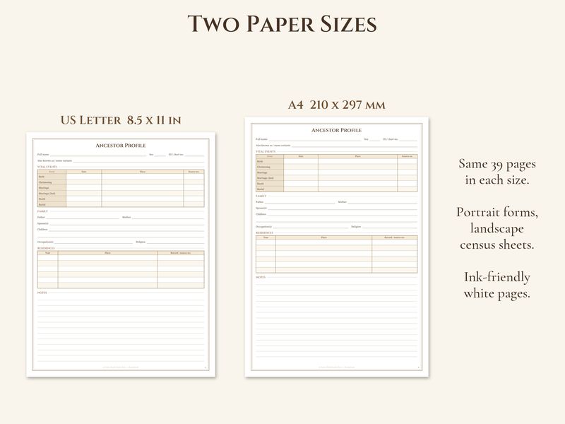 Genealogy Research Binder: Fillable Family History and Census Forms: Sizes
