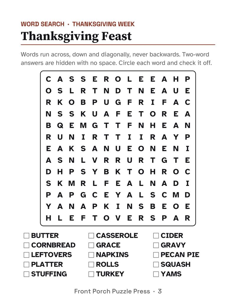 Holiday Activities for Seniors Bundle: November and December Large Print Activity Packets: 2026 11 wordsearch