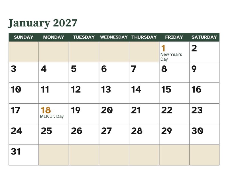 Large Print 2027 Wall Calendar with Word Search Puzzles: January date grid