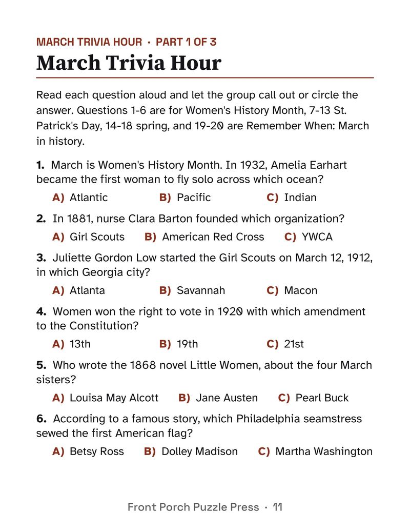 March Activities for Seniors: March 2027 Large Print Activity Packet (Printable): P11