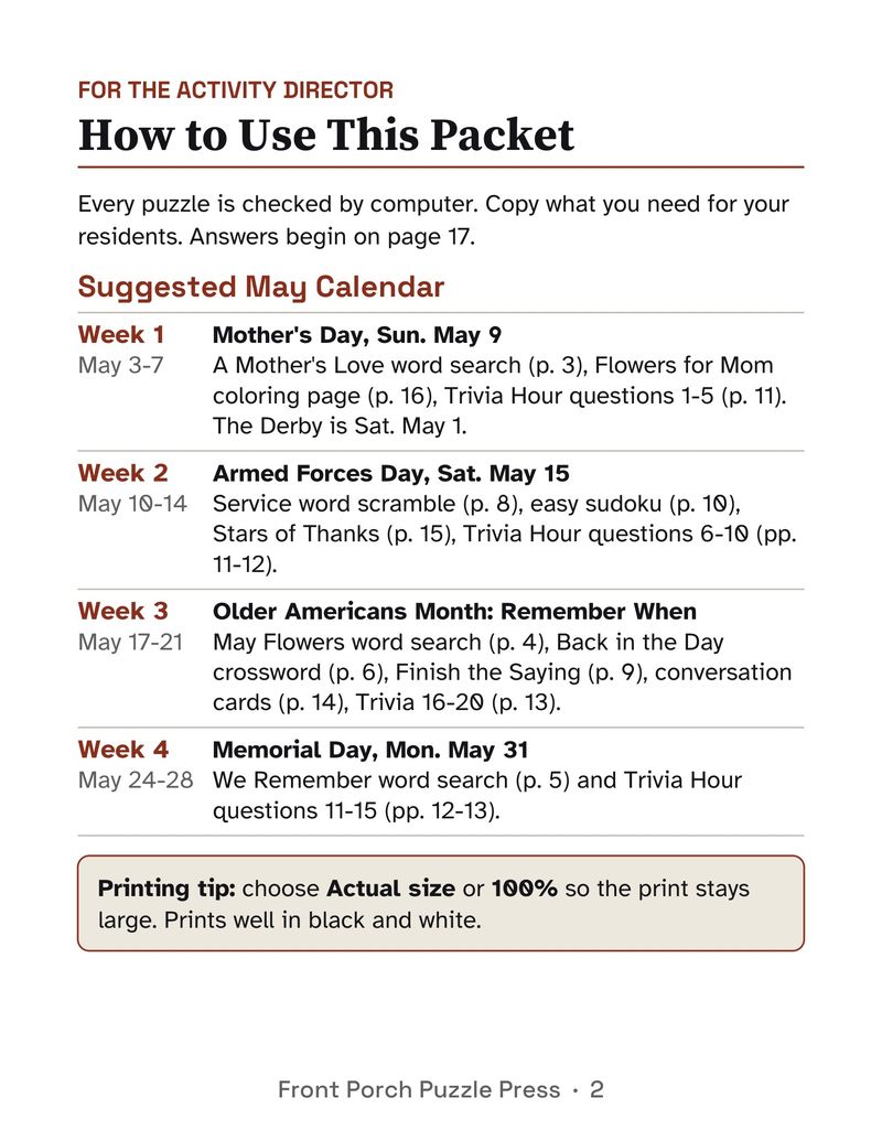 May Activities for Seniors: May 2027 Large Print Activity Packet (Printable): P02