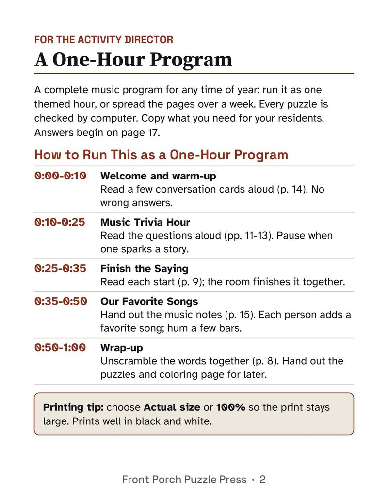 Music Memories Activity Packet for Seniors: Large Print Printable for Assisted Living and Memory Care: P02